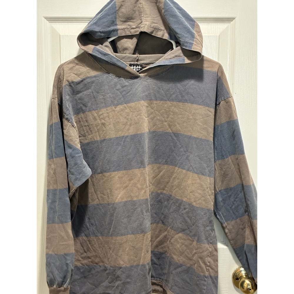 Vintage Rush Striped Hooded Long Sleeve Shirt Mens SM Brown Blue Made in USA